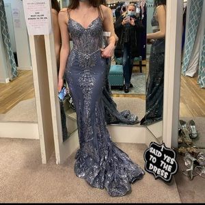 Cinderella Divine Shimmer Corset Bodice Mermaid Evening Gown, grey.